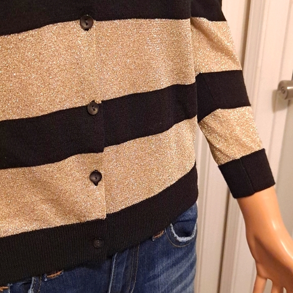 Ann Taylor Button-Down Cardigan Black and Gold Metallic Lightweight Sweater - Picture 3 of 6